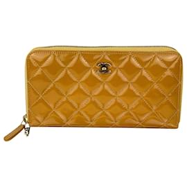 Chanel-Chanel Wallet Quilted Yellow Patent Leather Brilliant Zip Around Clutch B397 -Other