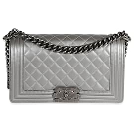Chanel-Chanel Silver Quilted Caviar Medium Boy Bag-Grey