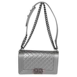 Chanel-Chanel Silver Quilted Caviar Medium Boy Bag-Grey