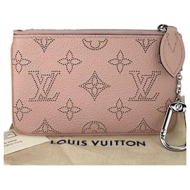 Louis Vuitton-Louis Vuitton Magnolia Pink Mahina Zip Leather Key Pouch Pochette Bag Charm A904 -Pink