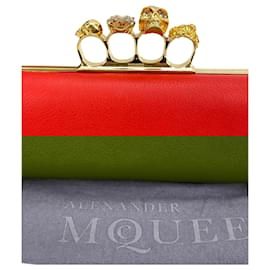 Alexander Mcqueen-Alexander Mcqueen Clutch Skull 4 Rings Knuckle Clutch Red Orange Leather B226 -Red