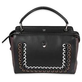 Fendi-Fendi Black Whipstitch Leather Medium Dotcom Bag -Black