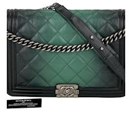 Chanel-Chanel Chanel Bag Dark Green Ombre Quilted Glazed Leather Large Boy Authentic B466 -Green