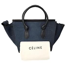 Céline-Celine Tie Knot Crocodile Cuir de veau lisse Bleu Nubuck Tote Bag-Bleu