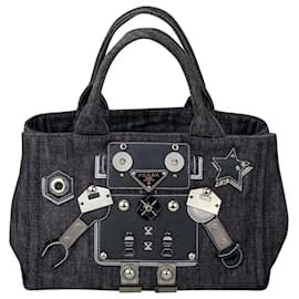 Prada-Prada Prada Handbag Canapa Robot Black Silver Denim Saffiano Leather Womens Tote B378 -Black