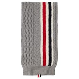 Thom Browne-Aran Cable Scarf W/ Rwb Stripe In Merino Wool-Grey