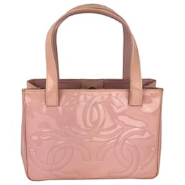 Chanel-Chanel Bag Triple Cc Logo Small Pink Patent Leather Tote Shoulder Bag Auth B345 -Pink