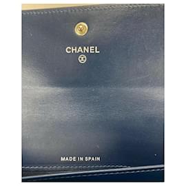 Chanel-Chanel Wallet Timeless Gusset Flap Cc Logo Long Leather Wallet Navy Blue B163 -Blue