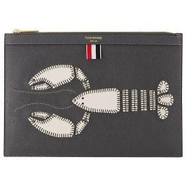 Thom Browne Small Document Holder W/ Lobster Icon Applique In Pebble Grain Leather Grey
