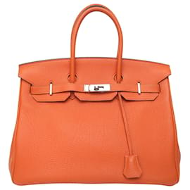 Hermès-Hermes Hermes Birkin 35 Cm Orange Veau Togo Leather Bag Palladium Plated Tote -Orange