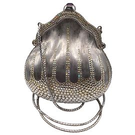 Judith Leiber Chatelaine Vintage Crystal Embellished Silver Metal Clutch  Grey