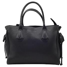 Longchamp-Longchamp Penelope Tassel Drawstring Black Leather Satchel -Black