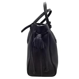 Longchamp-Longchamp Penelope Tassel Drawstring Black Leather Satchel -Black