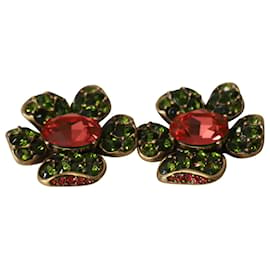 Oscar de la Renta-Oscar De La Renta Flower Clip On Earrings in Red/Green Crystal-Red