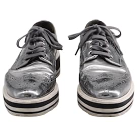 Prada-Prada Brogue Platform Sneakers in Silver Leather-Silvery,Metallic