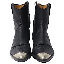 Isabel Marant-Isabel Marant Silver-Tip Cowboy Ankle Boots in Black Leather-Black