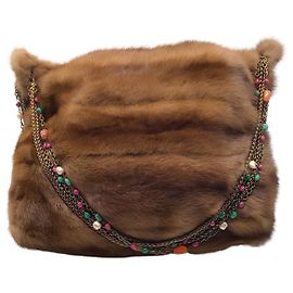 Bolsa de ombro de pele de vison marrom Oscar De La Renta Marrom