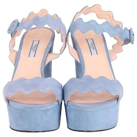 Prada-Prada Scalloped High Platform Sandals in Light Blue Suede-Blue