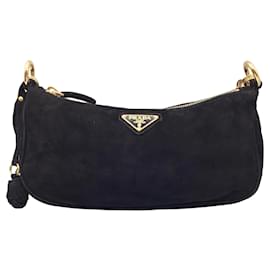 Prada-Prada Tassel Detail Black Suede Leather Shoulder Bag-Black