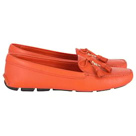 Prada-Prada Bow Slip On Loafers in Orange Leather-Orange