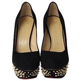 Charlotte Olympia-Charlotte Olympia Dolly Studs Embellished Pumps in Black Suede-Black