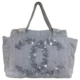 Chanel-Chanel Striped Chambray Blue & Beige Canvas Tote -Blue