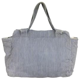 Chanel-Chanel Striped Chambray Blue & Beige Canvas Tote -Blue