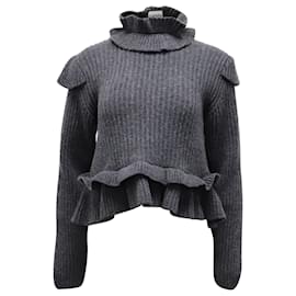 Ganni-Suéter acanalado con volantes y aberturas Ganni en lana gris-Gris