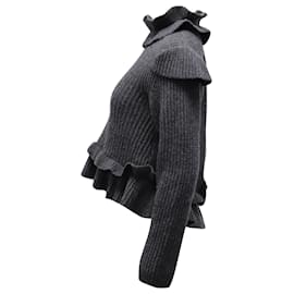 Ganni-Ganni Cut Out Ruffled Ribbed Sweater in Grey Wool-Grey