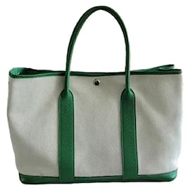 Hermès-Hermes Garden Party Green Leather Toile Canvas Tote Shopper Bag-Other