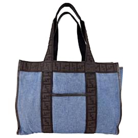 Fendi-Fendi Tote Ff Blue Denim Black Canvas Trim Medium Tote Hand Bag B508 -Blue