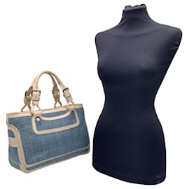 Céline-Light Blue Raffia Leather Boogie Satchel Tote Bag Handbag-Blue