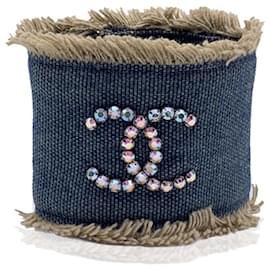 Chanel-Vintage Denim Jeans Rhinestones CC Logo Cuff Bracelet-Blue
