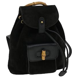 Gucci-GUCCI Backpack Bamboo Suede Leather Black Auth yk4896-Black
