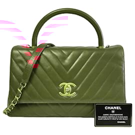 Chanel-Chanel Coco Handle Flap Bag Chevron Medium Red Lambskin Gold-Red