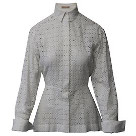 Alaïa Alaia Peplum Button Front Long Sleeve Shirt in White Cotton White