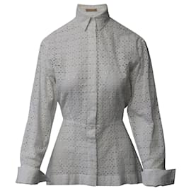 Alaïa-Alaia Peplum Button Front Long Sleeve Shirt in White Cotton-White