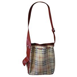 Borsa a secchiello Burberry beige e bordeaux in tela e pelle verniciata Beige Bordò