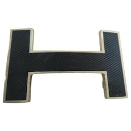 Hermès-boucle hermès quizz acier laitonné doré et marquettage noir effet lézard 32mm-Noir