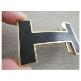 Hermès-hermès quizz buckle golden brass-plated steel and black lizard-effect marquetry 32MM-Black