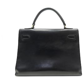 Hermès-VINTAGE HERMES KELLY HANDBAG 32 SELLIER LEATHER BOX BLACK BLACK LEATHER HAND BAG-Black