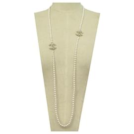 Chanel-NEW CHANEL NECKLACE SAUTOIR PEARLS STRASS AND CC LOGO 110CM GOLD METAL NECKLACE-Golden