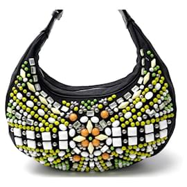 Chloé-CHLOE LUNE HANDBAG IN CANVAS EMBROIDERED WITH MULTICOLORED PEARLS HOBO PEARLS BAG-Black