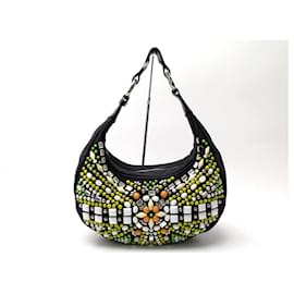 Chloé-CHLOE LUNE HANDBAG IN CANVAS EMBROIDERED WITH MULTICOLORED PEARLS HOBO PEARLS BAG-Black