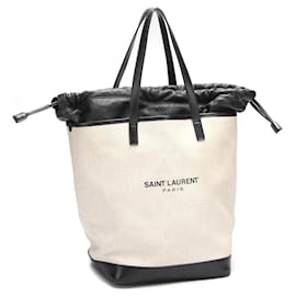 Yves Saint Laurent-Canvas & Leather Teddy Drawstring Shopping Tote-White