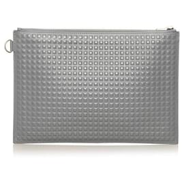 Balenciaga-balenciaga Leather Grid Clip Clutch grey-Grey