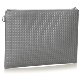 Balenciaga-balenciaga Leather Grid Clip Clutch grey-Grey