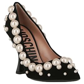 Moschino-Pearl-Embellished Suede Pumps-Black