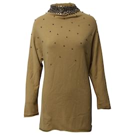 Valentino Garavani-Valentino Garavani Robe Pull Ornée de Cristaux en Laine Camel Marron-Jaune,Camel