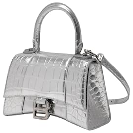 Balenciaga-Hourglass S Bag in Silver Leather-Silvery,Metallic